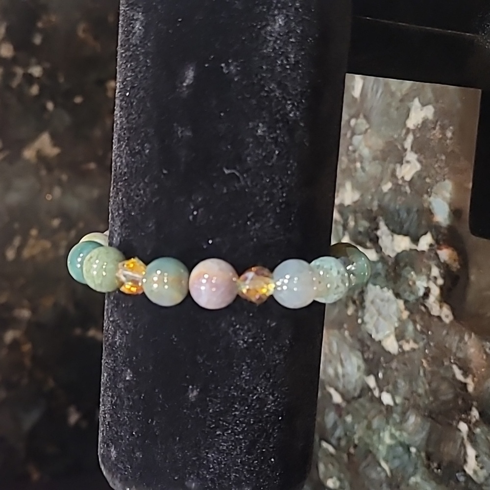 Indian Agate & Iridescent Glass Bead Stretch Bracelet